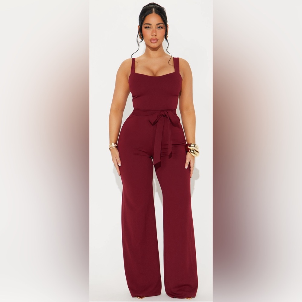 Fashion Nova Theya Wine Red Crepe Wide Leg Jumpsuit